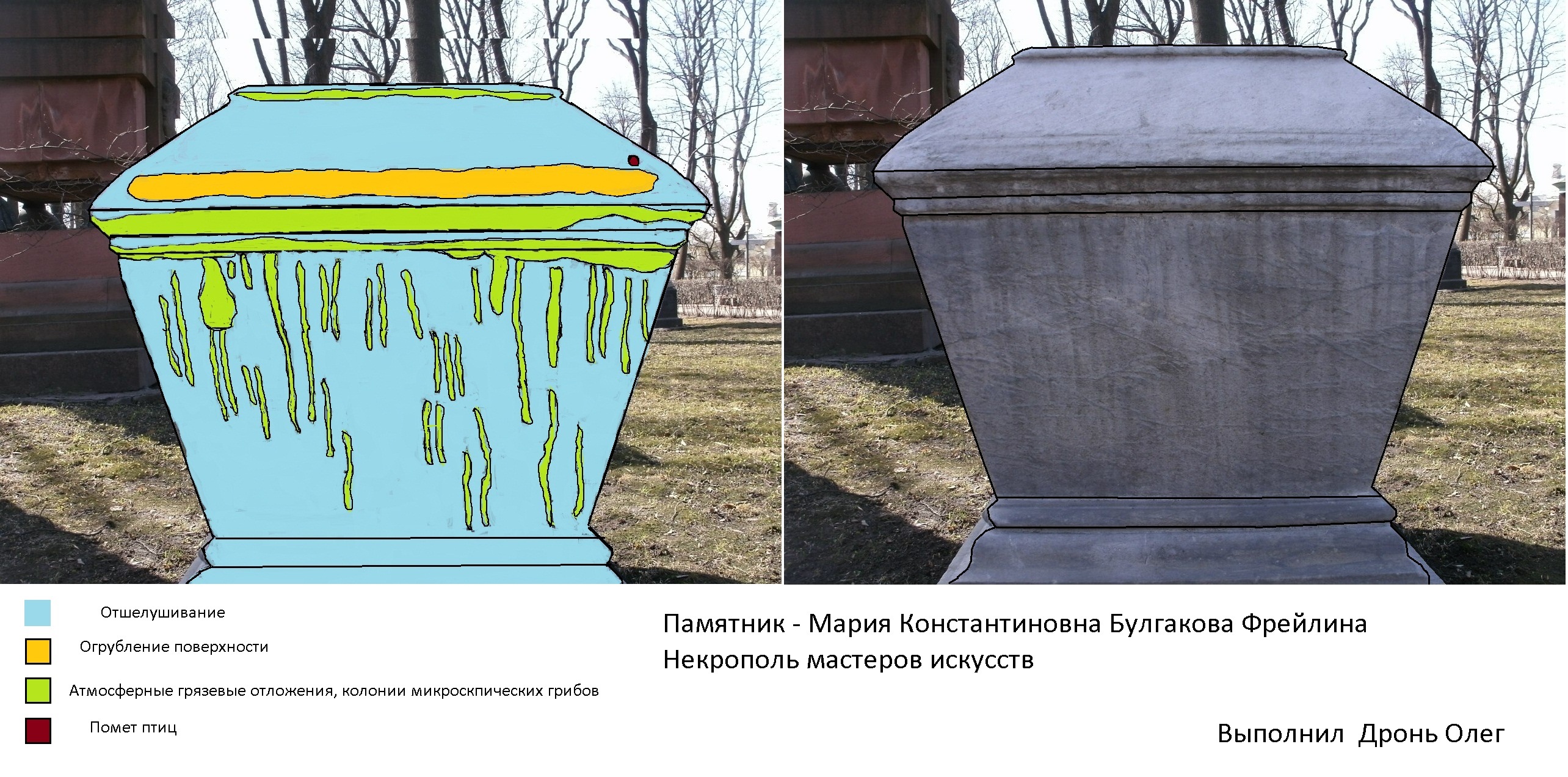 Карта форм  разрушений серого мрамора на памятнике М.К. Булгаковой; а — карта; б — фото.